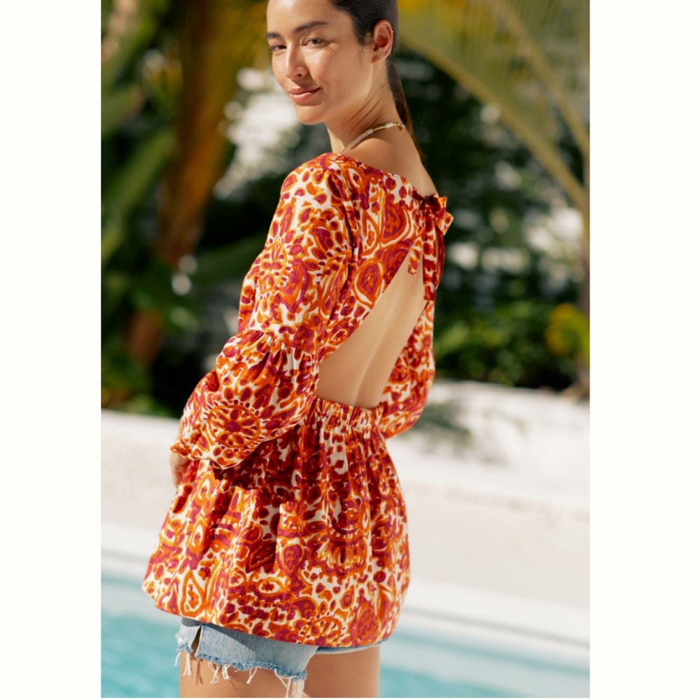 NWT Anthropologie Love The Label Floral Tie-Back Blouse Melba Orange Motif | L